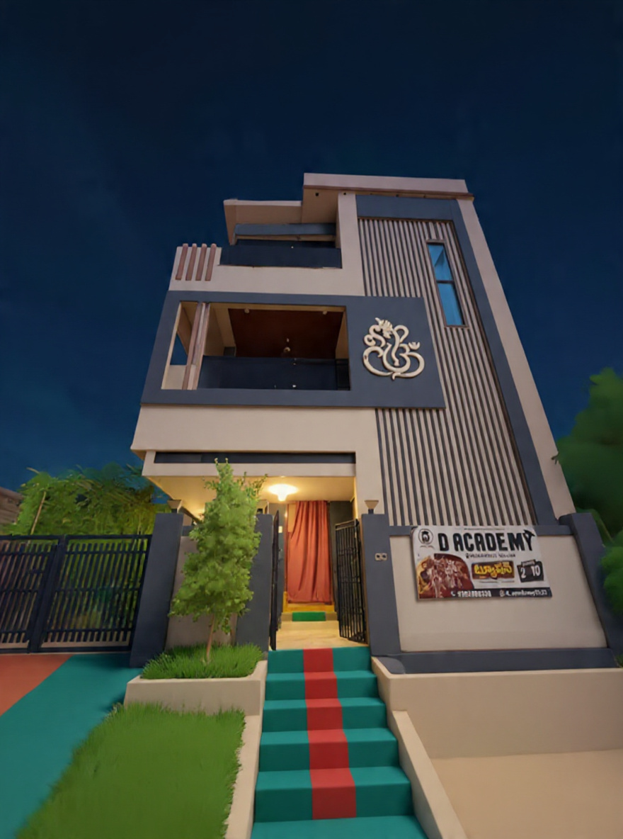 The D Academy building on Sivalayam Street, Padarupalli, Nellore at night